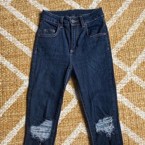 Ripped High-Waisted Dark Blue Carmar Jeans - LF